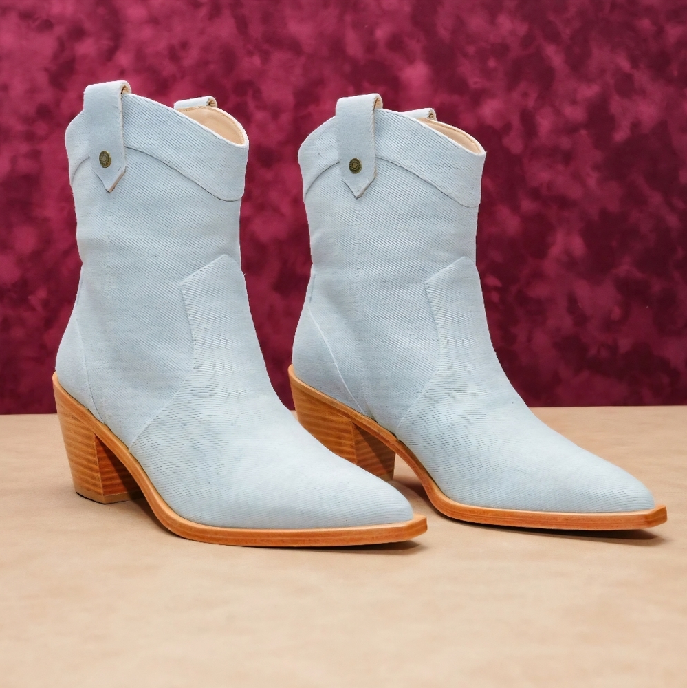 NWOB 7 For All Mankind Women Denim Blue Western Cowgirl Ankle Boots Size US 6